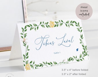 Greenery Flower Place Card Template, Food Labels Cards, Shower/Wedding/Bday Meal Icon Buffet, Editable Name Card, Z5