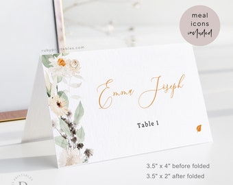 Editable Name Place Card Template, Food Labels Cards, Shower/Wedding/Bday Buffet, Tented Name Card, Flower White Green Gold, 08