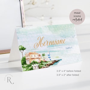 Aquarel plaatskaartsjabloon, kaart met voedseletiketten, pictogram buffet douche/bruiloft/verjaardag, buffet, bewerkbare naamkaart, Lake House Destination Party, Z6