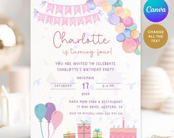 Girl Birthday Invitation Template, Pink Balloon Bday Invite Editable Canva (Digital Download)