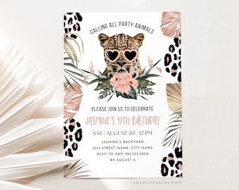 Party Animals Kids Birthday Party Invitation Template, Editable Jungle Animals Invite, Leopard, Cheetah, Any Age