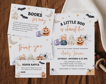 May include: Halloween-themed baby shower invitations and inserts. The design features watercolor illustrations of pumpkins, ghosts, bats, and witch hats. Text includes "Books for Baby," "A Little Boo is Almost Due," and "Diaper Raffle."