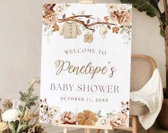 Autumn Baby Shower Welcome Sign: Pumpkin, Baby Clothes, Fall in Love (Canva Template, Digital Download)