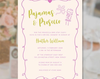 PJs and Prosecco Bachelorette Invitation Template, Pajamas and Prosecco Bridal Shower, Champagne Party Invite Whimsical, Girls Night, S26