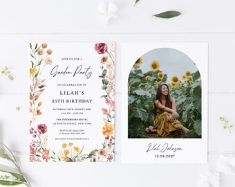 May include: A floral-themed invitation for a garden party celebrating a 25th birthday. The invitation features a watercolor illustration of flowers and greenery surrounding the text "Join us for a Garden Party in celebration of Lilah's 25th Birthday". The invitation also includes the date, time, location, and RSVP information. The invitation is accompanied by a photo of a woman in a sunflower field.
