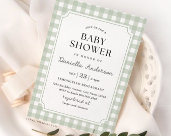 Sage Green Gingham Baby Shower Invitation, Editable Baby Shower Invite Template, Baby Brunch, Baby Sprinkle, Modern Minimalist