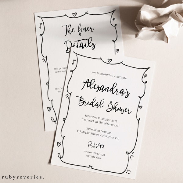 Whimsical Bridal Shower Invitation, Hand-drawn Invitation Illustrations, Bridal Invitation Template, Editable Modern Invites, ALEXANDRA