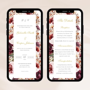 バーガンディフローラルウェディング招待状：編集可能な電子テンプレート（デジタルダウンロード）