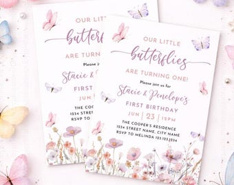 Twins Butterfly First Birthday Invitation: Pastel Wildflower Garden (Canva Template, Digital Download)