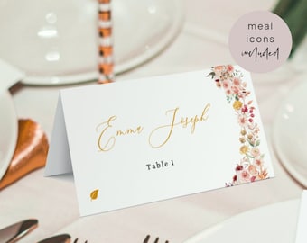 Editable Name Place Card Template, Food Labels Cards, Shower/Wedding/Bday Buffet, Tented Name Card, Flower Peach Pink Red Rose Gold, 07