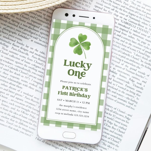 Saint Patrick Evite Template, First Birthday Electronic Invitation, Boy 1st Bday Invite, Lucky One, Clover, Gingham