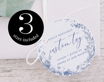 Editable Round Tags Template, Circle Favor Tags, Vintage Floral, Blue Victorian, Toile de Jouy, Instant Download