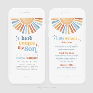 Pode incluir: Um convite para um chá de bebê com um gráfico de sol estilizado em tons de azul, laranja e amarelo. O texto diz "Here comes the Son" e inclui o nome "Andrea Rodriguez", bem como a data e hora do evento. O convite também inclui detalhes sobre o local, o registro de presentes e as informações de RSVP.