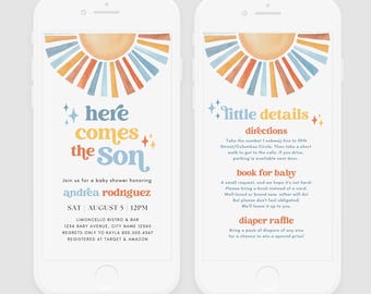 Hier kommt der Sohn-Babyparty-elektronische Einladungsvorlage, es ist ein Junge, bearbeitbarer Sonnenschein Evite, Retro-Sonne, Windelraffle, Buch für Baby