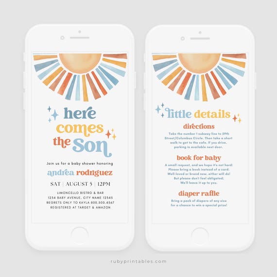 Here Comes the Son Baby Shower Electronic Invite Template, It's a Boy, Editable Sunshine Evite, Retro Sun, Diaper Raffle, Book for Baby