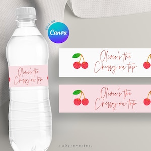 Cherry on Top Water Bottle Label EDITABLE TEMPLATE Cherry Bridal Shower Favor, Water Bottle Bands, Cherry Bachelorette Theme Pink Canva, C26
