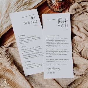 Menú minimalista moderno y carta de agradecimiento, tarjeta de menú de boda, juego de tarjetas de agradecimiento con servilletas, edita con Canva
