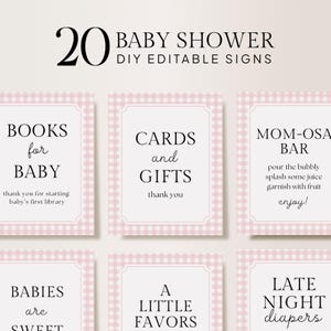 Letreros editables para baby shower, decoración para baby shower, plantilla de letrero, letrero de obsequio, letrero de libro de visitas, letrero de tarjetas y obsequios, cuadros vichy rosas