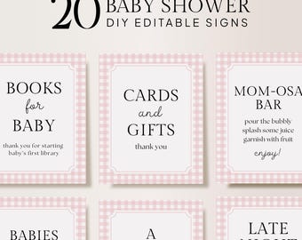 May include: Twenty pink and white gingham baby shower signs with black text. The signs include the text "Books for Baby", "Cards and Gifts", "Mom-osa Bar", "Babies are Sweet", "A Little Favors", and "Late Night Diapers".
