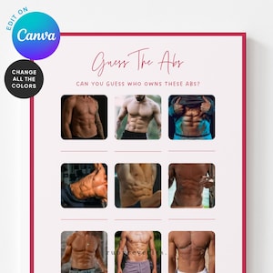 May include: A pink and white Canva template featuring the text "Guess The Abs" and the question "Can you guess who owns these abs?" The template includes nine images of male torsos.