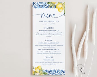 Lemon Menu Template: Blue Tiles Mediterranean (Editable in Canva, Digital Download)