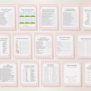 Puede incluir: Un conjunto de tarjetas de juego de baby shower imprimibles con un patr&oacute;n de cuadros rosa y blanco. Los juegos incluyen "Encuentra al invitado", "&iquest;Qu&eacute; edad ten&iacute;a ella?", "Disputa de baby shower", "&iquest;Qui&eacute;n conoce mejor a los padres", "Termina la pel&iacute;cula", "Tu bolso", "Pictionary de emojis", "T&iacute;tulo alternativo de libros para ni&ntilde;os", "Consejos y deseos para los futuros padres", "Carrera de nombres de beb&eacute;s", "Verdadero o falso", "Beb&eacute;s de celebridades", "Adivinanzas", "Dibuja al beb&eacute;" y "Bingo de beb&eacute;s".