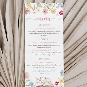 Menusjabloon verhalenboek, bewerkbaar dinermenu, Let's Dine, feest, pastelkleurige wilde bloemen, nieuw hoofdstuk begint