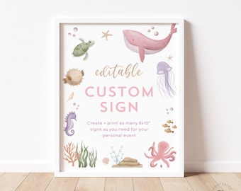 Editable Under the Sea Sign, Custom Ocean Sign, Girl Baby Shower Sign Template, Birthday Party Sign, Pink Whale, DIY Printable
