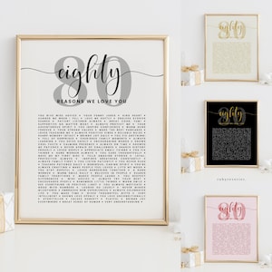 Modèle 80 choses que nous aimons chez vous, 80 raisons pour lesquelles nous vous aimons, cadeau d'anniversaire à faire soi-même, plaque de décoration de fête d'anniversaire quatre-vingts ans, pour maman et papa, BA61