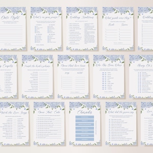 Puede incluir: Una colecci&oacute;n de juegos imprimibles para la despedida de soltera con bordes florales azules. Los juegos incluyen "Date Night", "What's in your purse?", "Wedding Traditions" y "What grade were they?"