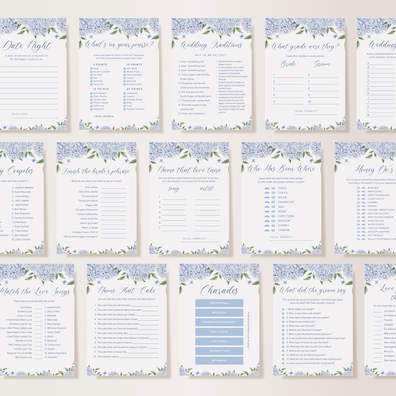 Puede incluir: Una colecci&oacute;n de juegos imprimibles para la despedida de soltera con bordes florales azules. Los juegos incluyen "Date Night", "What's in your purse?", "Wedding Traditions" y "What grade were they?"