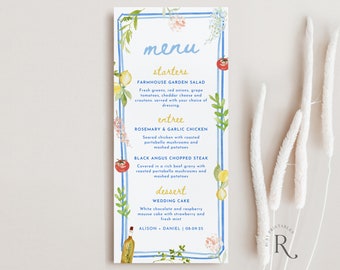 Lemon Menu Card Template, Handdrawn Bridal Shower Menu, Wedding Menu, Citrus, Mediterranean, Cinque Terre, Watercolor, Editable