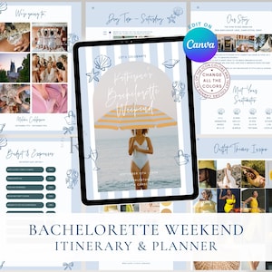 May include: A digital bachelorette weekend itinerary and planner. The design features a woman under a yellow and white striped umbrella, with text that reads "Katherine's Bachelorette Weekend". The color scheme is blue and white.