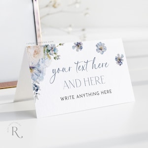 Plantillas para tarjetas de lugar con flores en azul polvoriento, tarjetas con nombres para bodas, hortensias azules, despedida de soltera, tarjetas editables para la disposición de la mesa, Something Blue