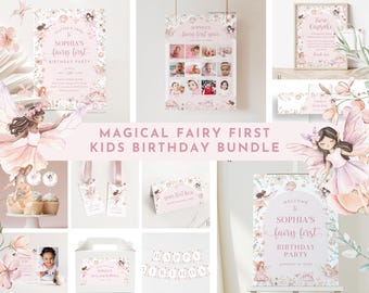 May include: A printable set of fairy-themed party decorations for a first birthday party. The set includes a welcome sign, a banner, cupcake toppers, favor tags, a photo booth frame, and a time capsule card. The decorations feature a pink and white color scheme with illustrations of fairies and flowers.