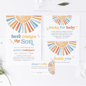 Bundle d'invitation pour une baby shower, c'est un garçon, modèle modifiable, tombola de couches, demande de livre, carte de remerciement, soleil rétro