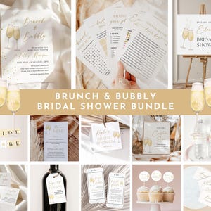 Puede incluir: Un conjunto de artículos de papelería y decoraciones para despedida de soltera con un tema dorado y blanco. Incluye invitaciones, juegos, letreros, adornos para cupcakes y etiquetas para botellas. El texto "Brunch & Bubbly" es visible.