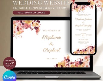 Wedding Website Template with Trackable RSVP: Editable Website Invitation, Classy Rose Pink