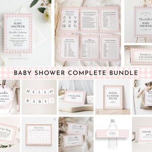 Pink Gingham Baby Shower Complete Bundle, Invitation Bundle, Editable Baby Shower Games, Welcome Sign Template, Tags, Labels, Place Card