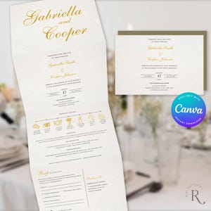 Pode incluir: Convite de casamento dourado em fundo branco. O convite apresenta os nomes "Gabriella e Cooper" em uma fonte dourada de estilo manuscrito. O convite inclui a data, a hora e o local do casamento. O convite também inclui um cartão RSVP com uma borda dourada.