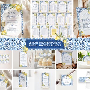 Mediterranean Bridal Shower Bundle, She Found Her Main Squeeze, Lemon Citrus, Bridal Games Pack, Italian Blue Tiles, Wedding Shower