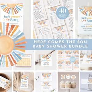 Here Comes the Son Babyshower complete bundel, Blue Sunshine uitnodigingssjabloon, welkomstbord, plaatskaart, babyshowerspelletjes, label, label