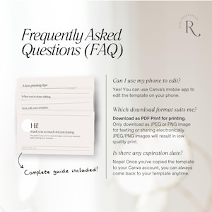 May include: A digital FAQ guide with the title "Frequently Asked Questions (FAQ)". The guide includes printing tips, editing instructions, and answers to common questions about using a template. The guide is in a minimalist style with a light background.