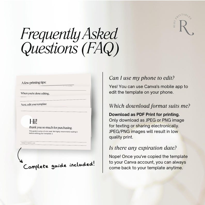 May include: A digital FAQ guide with the title "Frequently Asked Questions (FAQ)". The guide includes printing tips, editing instructions, and answers to common questions about using a template. The guide is in a minimalist style with a light background.