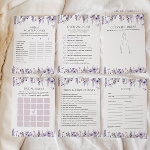 Op de afbeelding: Een set met printbare bruiloftsspelletjes met een bloemenmotief. De spellen omvatten Bridal Scattergories, Over or Under, Guess the Dress, Bridal Bingo, Bride & Groom Trivia en een blanco receptenkaart.