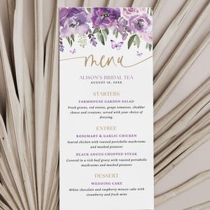 Editable Menu Template, Wedding Reception Menu, Bridal Shower Menu, Let's Eat, Feast, Lifetime of Butterflies, Lavender