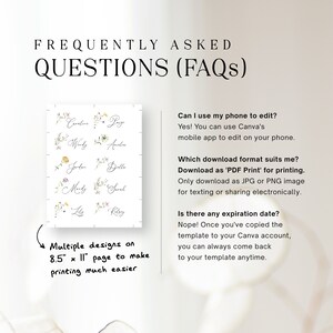 Peut inclure: Un mod&egrave;le num&eacute;rique imprimable pour des cartes de place avec des accents floraux et des noms &eacute;crits &agrave; la main. Le mod&egrave;le comprend plusieurs cartes de place sur une page de 8,5 x 11 pouces. Le texte sur l'image indique "Multiple designs on 8.5" x 11" page to make printing much easier".