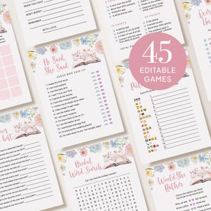 Bundle de jeux de douche nuptiale livre d'histoires, pack de jeux de fête de mariage, nouveau chapitre commence, thème du livre, fleurs sauvages, modèle de toile