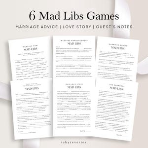 Peut inclure: Six jeux de mots fléchés imprimables pour un mariage. Les jeux sont intitulés "Voeux de mariage", "Annonce de mariage", "Conseils de mariage", "Notre histoire d'amour", "La proposition" et "Note d'invité pour la mariée et le marié".