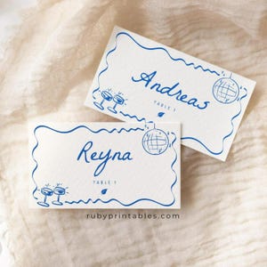 Plantilla editable para tarjeta de nombre de invitado, tarjeta de lugar, decoración de mesa, dibujada a mano, caprichosa, para boda, tarjeta de nombre, tarjeta de asiento, decoración para brunch, W7